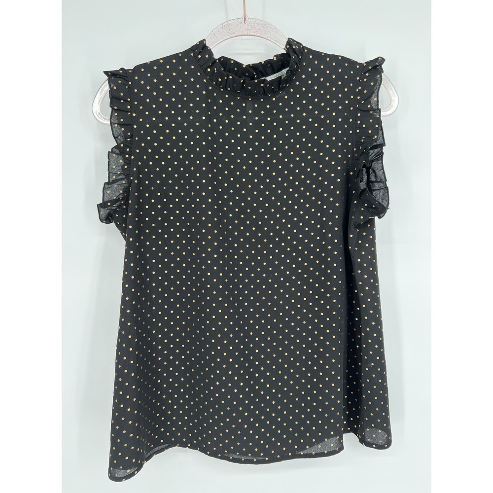 Shannon Ford NY Women's Sz PM Black Sleeveless Blouse Black‎ w Gold Polka Dot